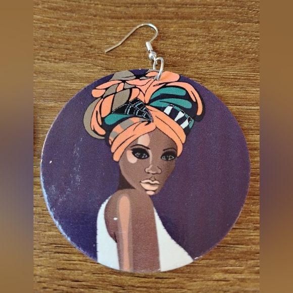 Women's Purple Brown White Orange Round Dangle Earrings Wooden Statemet Jewelry - Picture 3 of 5